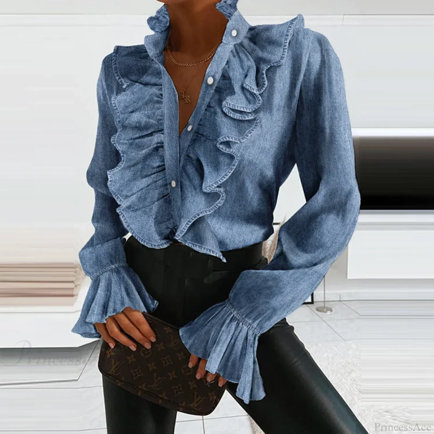 Denim Ruffled V Neck Pleated Blouse - Image 4