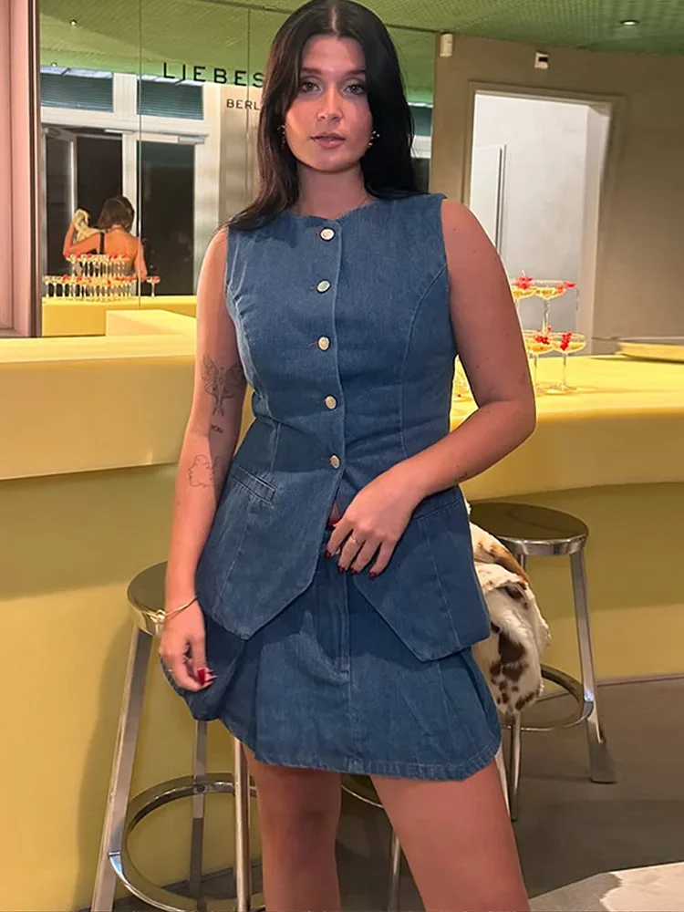 Denim Solid Button Sleeveless Office Two Piece Set - Image 3