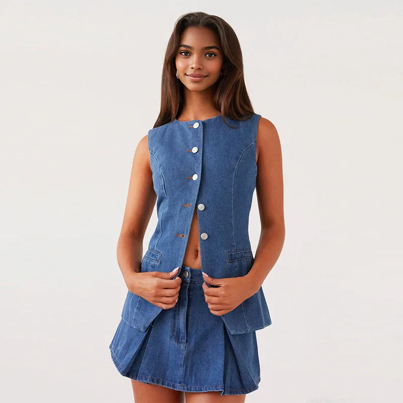 Denim Solid Button Sleeveless Office Two Piece Set - Image 5