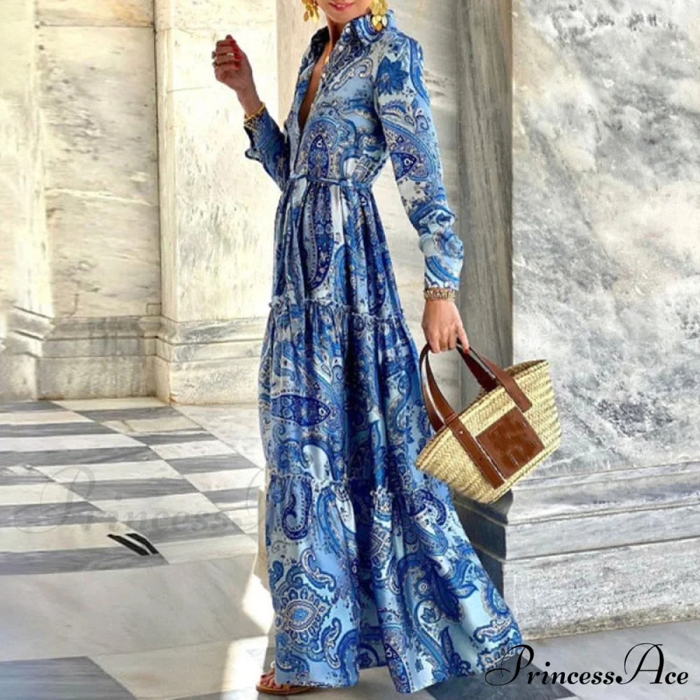 Design Button Coastal Detail Flowered Neckline - Party Full-Length Gown and Folded Gown with for Turn-down Bohemian Women - Image 4