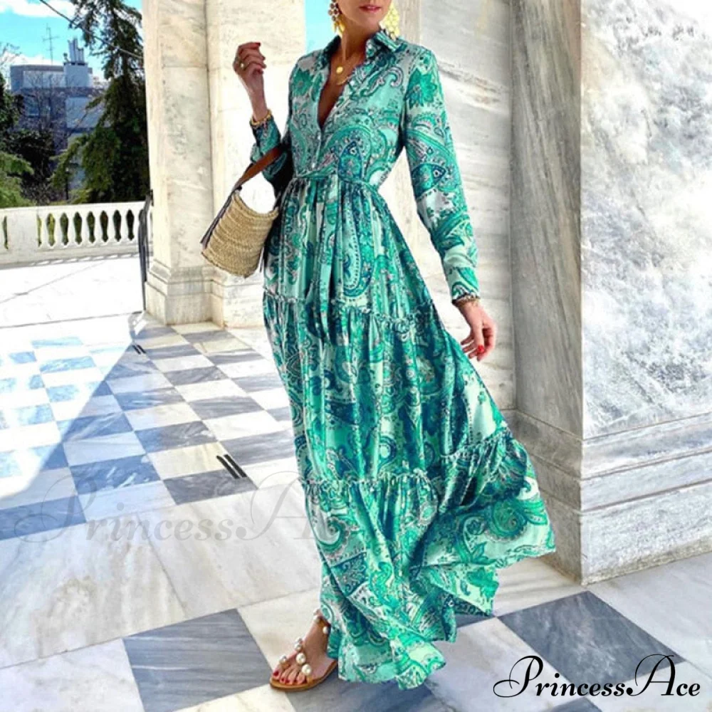 Design Button Coastal Detail Flowered Neckline - Party Full-Length Gown and Folded Gown with for Turn-down Bohemian Women - Image 5