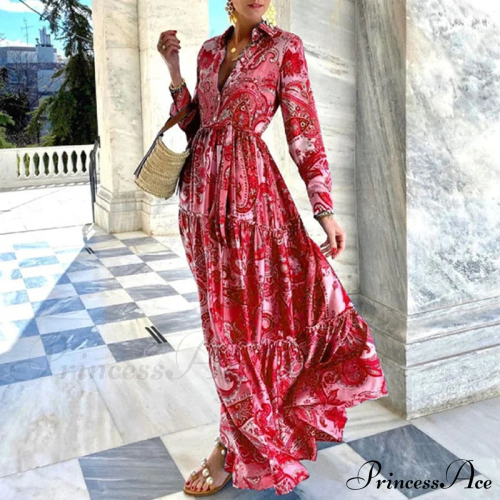 Design Button Coastal Detail Flowered Neckline - Party Full-Length Gown and Folded Gown with for Turn-down Bohemian Women - Image 6