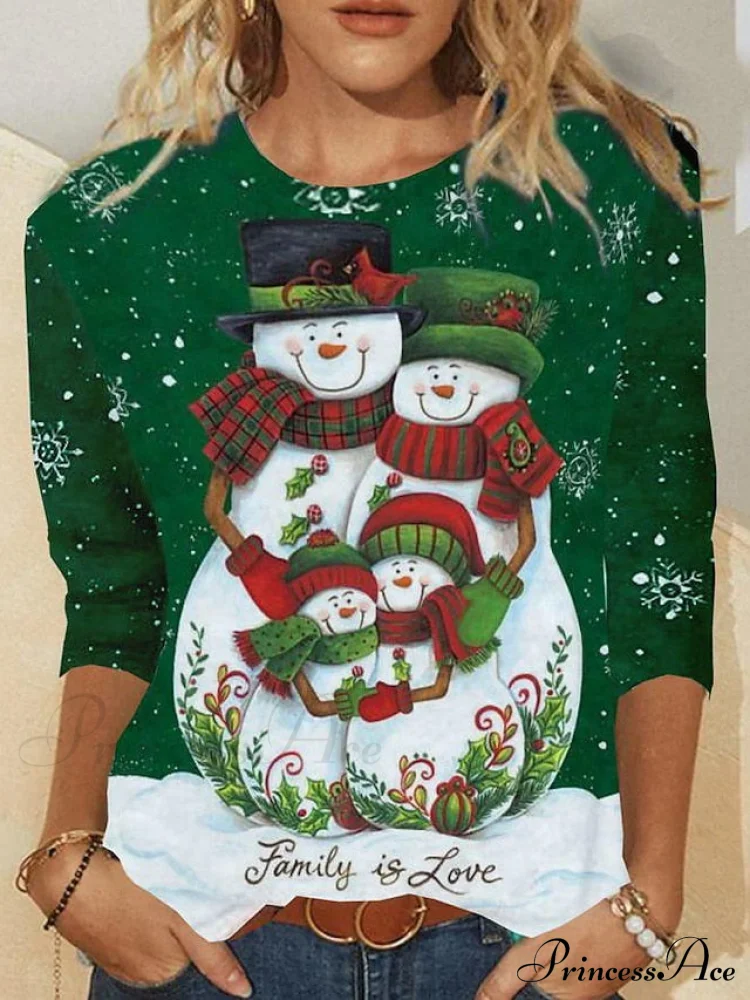 Design Neck with Long Weekend Reindeer - - Snowman Round T-shirt Basic and Arm Women's Black Painting - Image 3