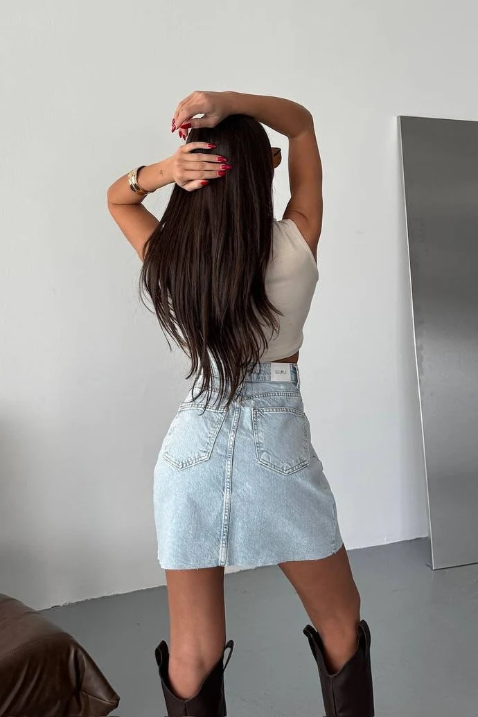 Asymmetrical Denim Flowy Mini Skirt - Image 2
