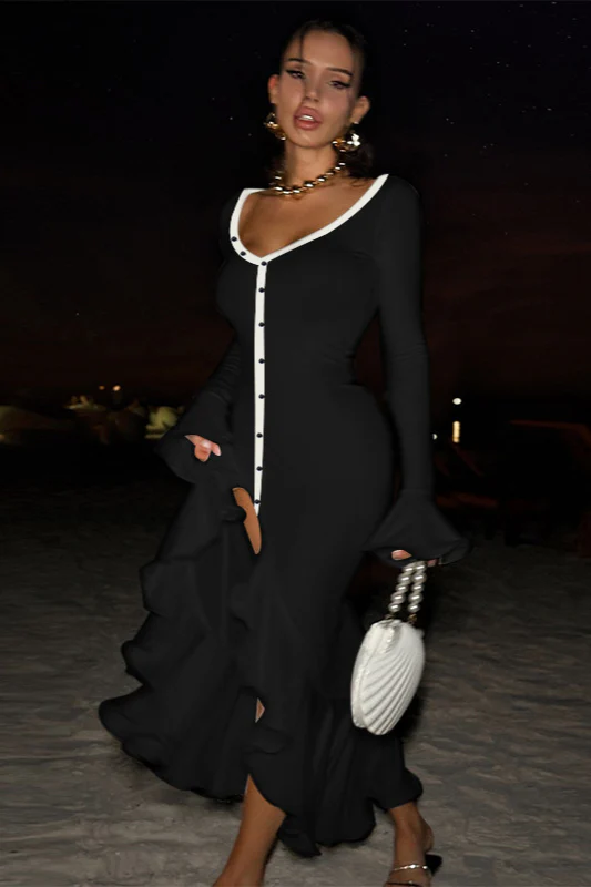 Diamond Collar Contrast Trim Ruffle Sleeve Midi Party Dress - Image 3