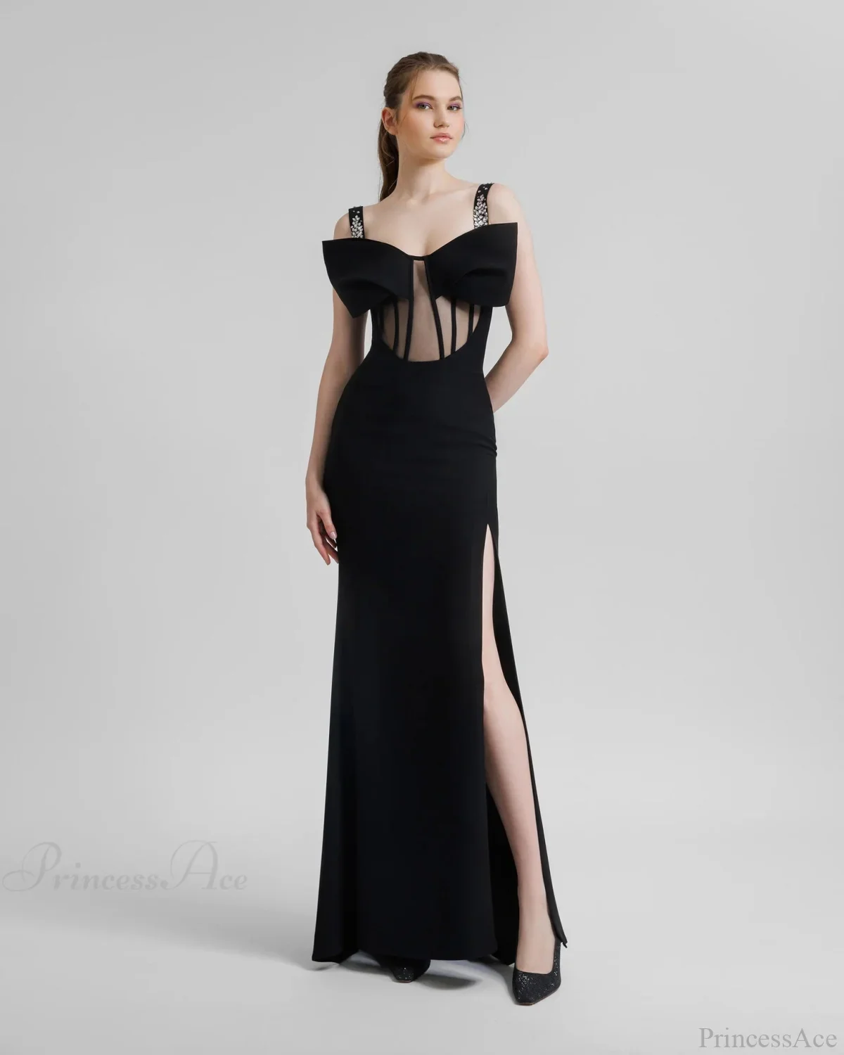 Diamond Strap Bow Slit Elegant Prom Dress - Image 3