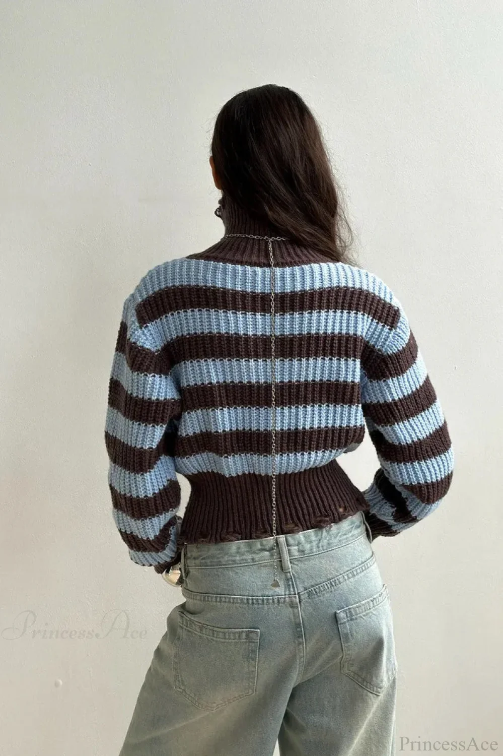 Distressed Color Block Striped Zip Cardigan - Image 4