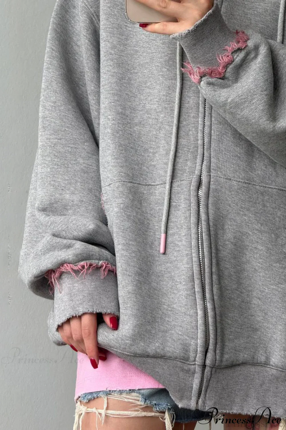 Distressed Pink Zip Loose Hoodie - Image 2