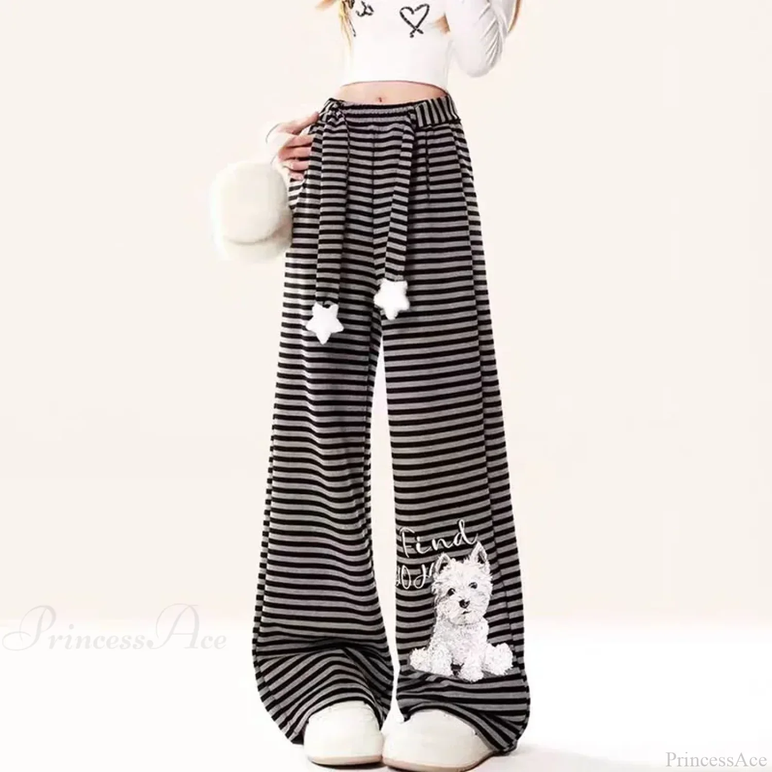 Dog Print Striped Fleece Casual Pants - Image 3