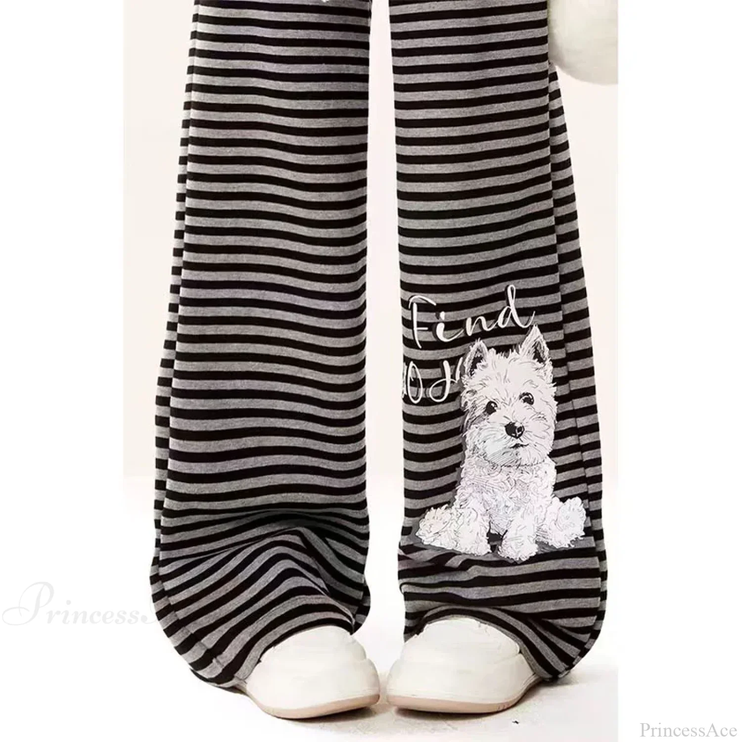 Dog Print Striped Fleece Casual Pants - Image 5