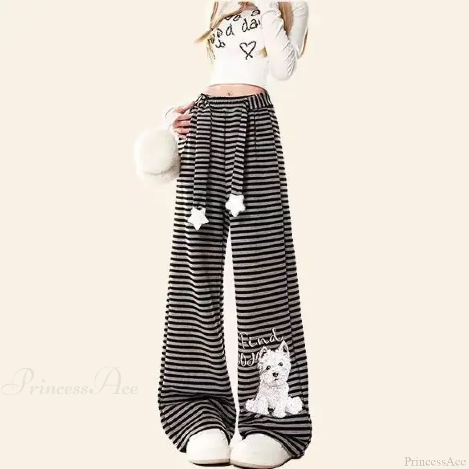 Dog Print Striped Fleece Casual Pants - Image 6