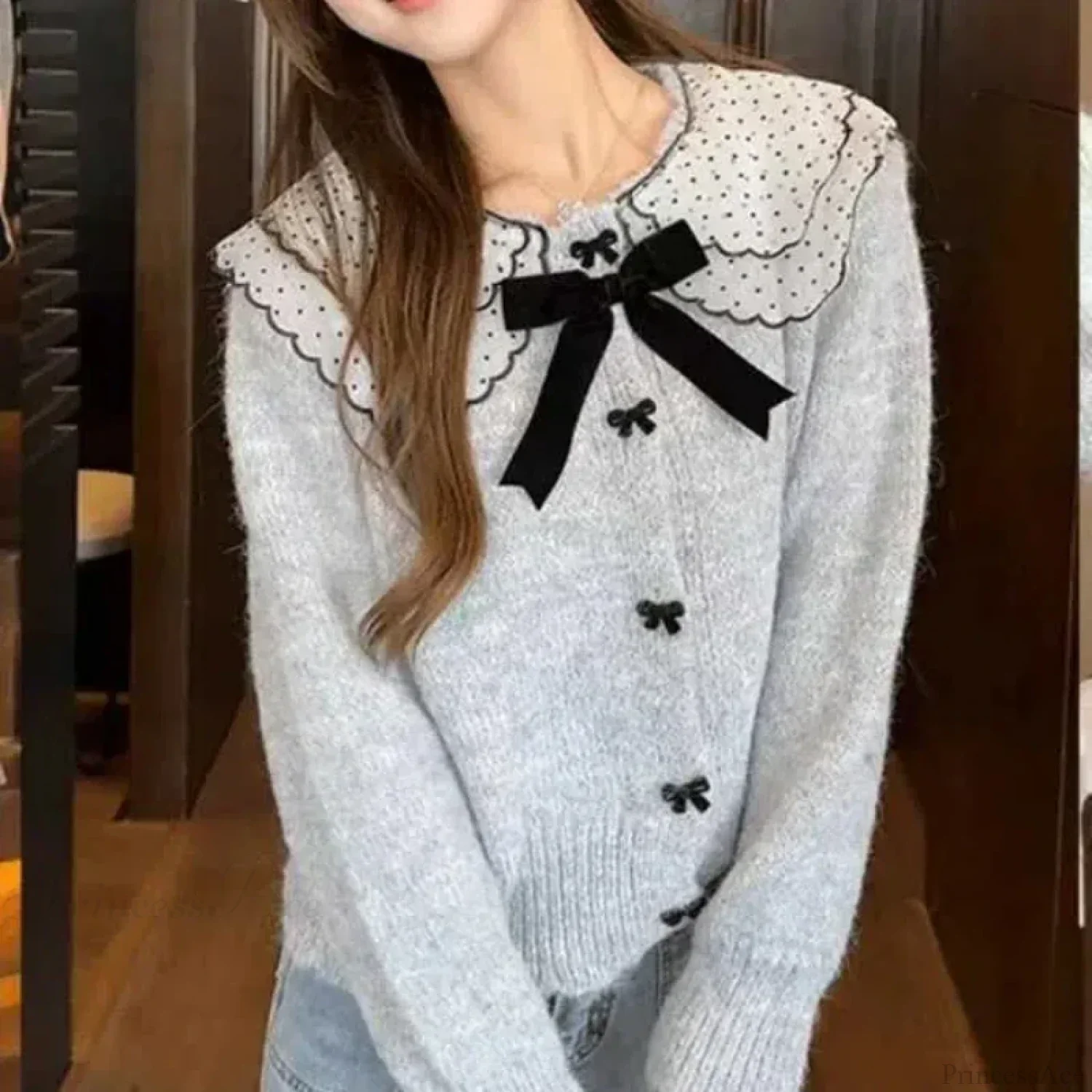 Doll Collar Loose Button Knit Cardigan - Image 3