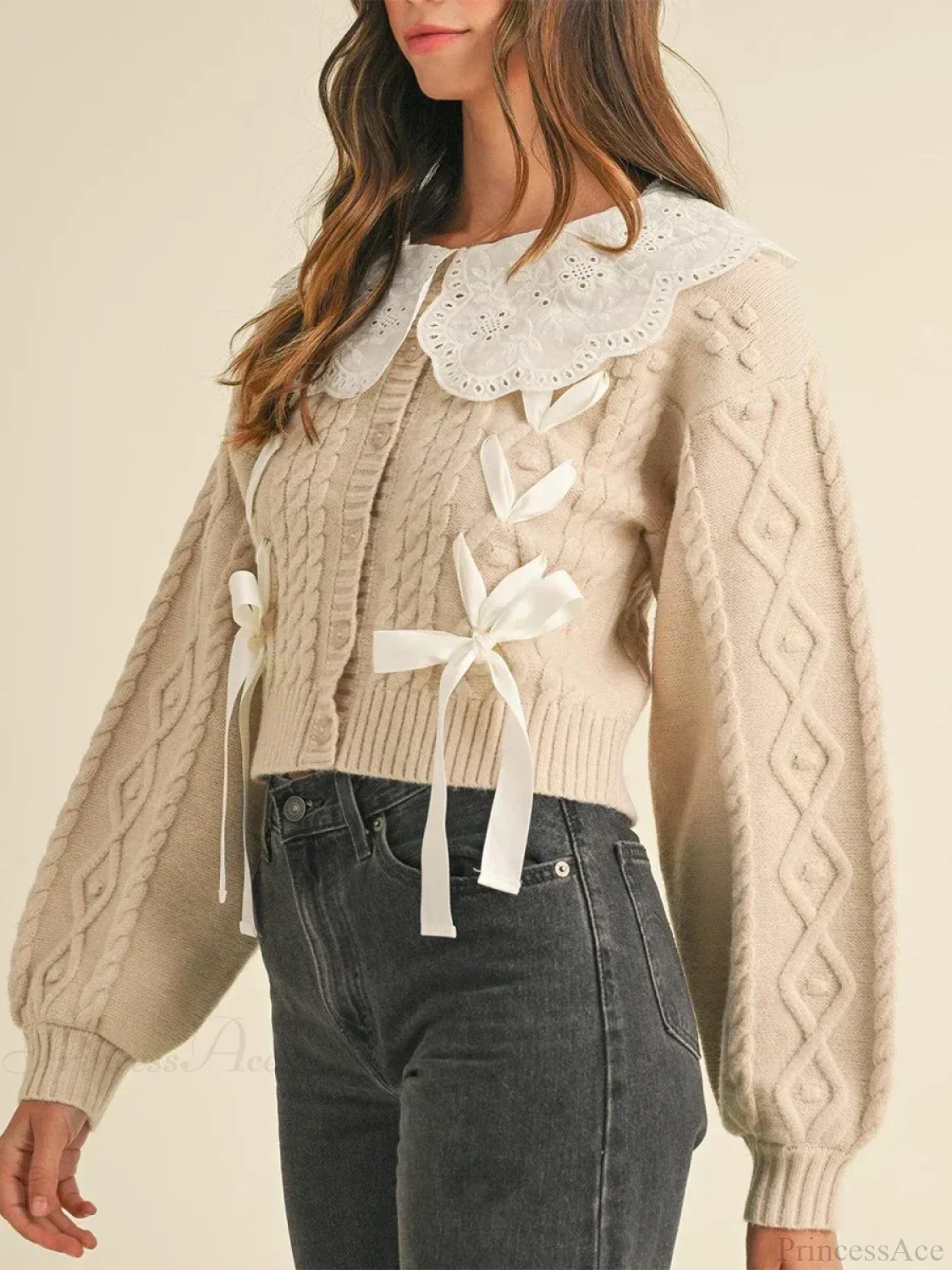 Doll Collar Tie-Up Long Sleeve Knit Cardigan - Image 2