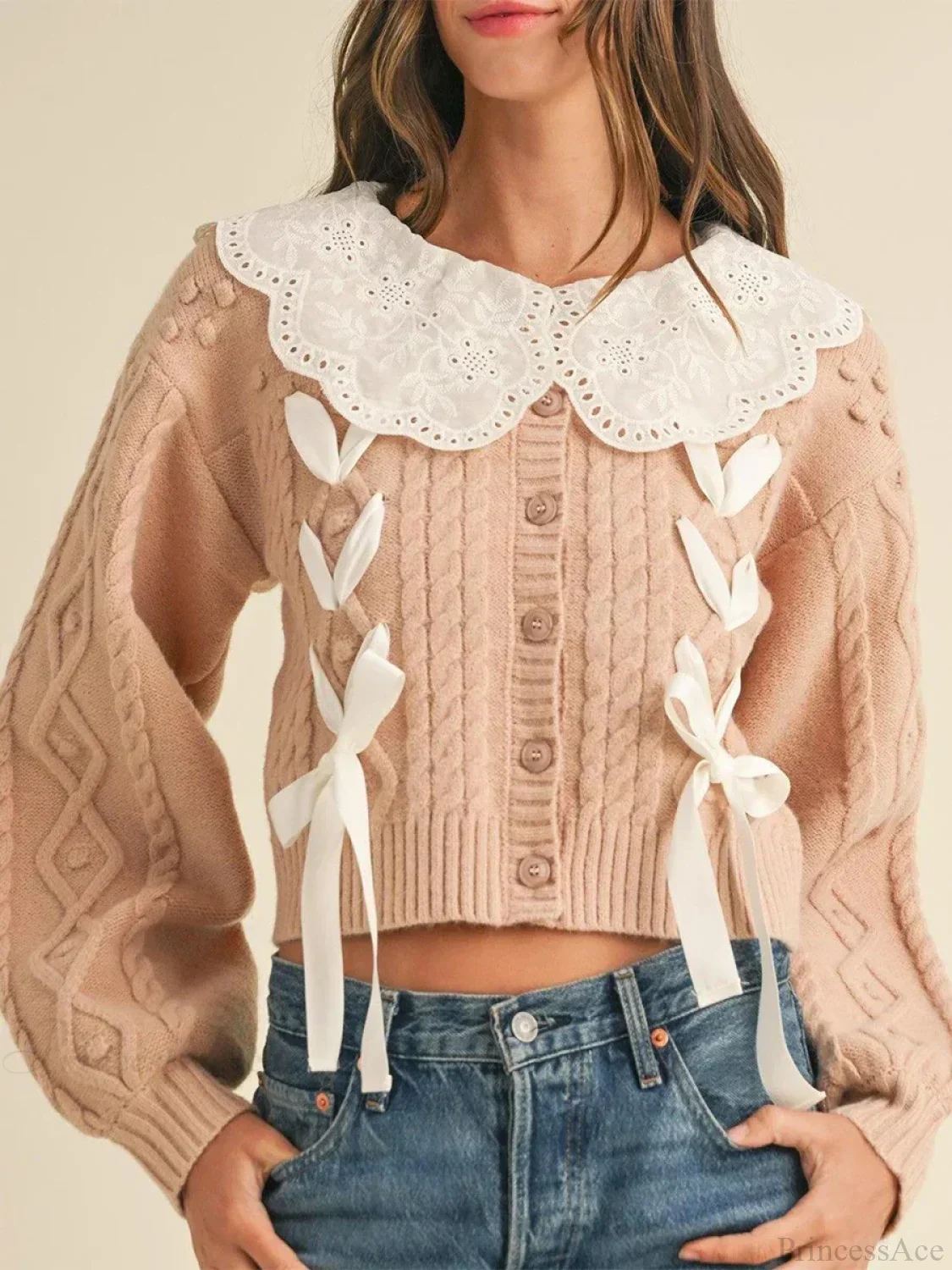 Doll Collar Tie-Up Long Sleeve Knit Cardigan - Image 5