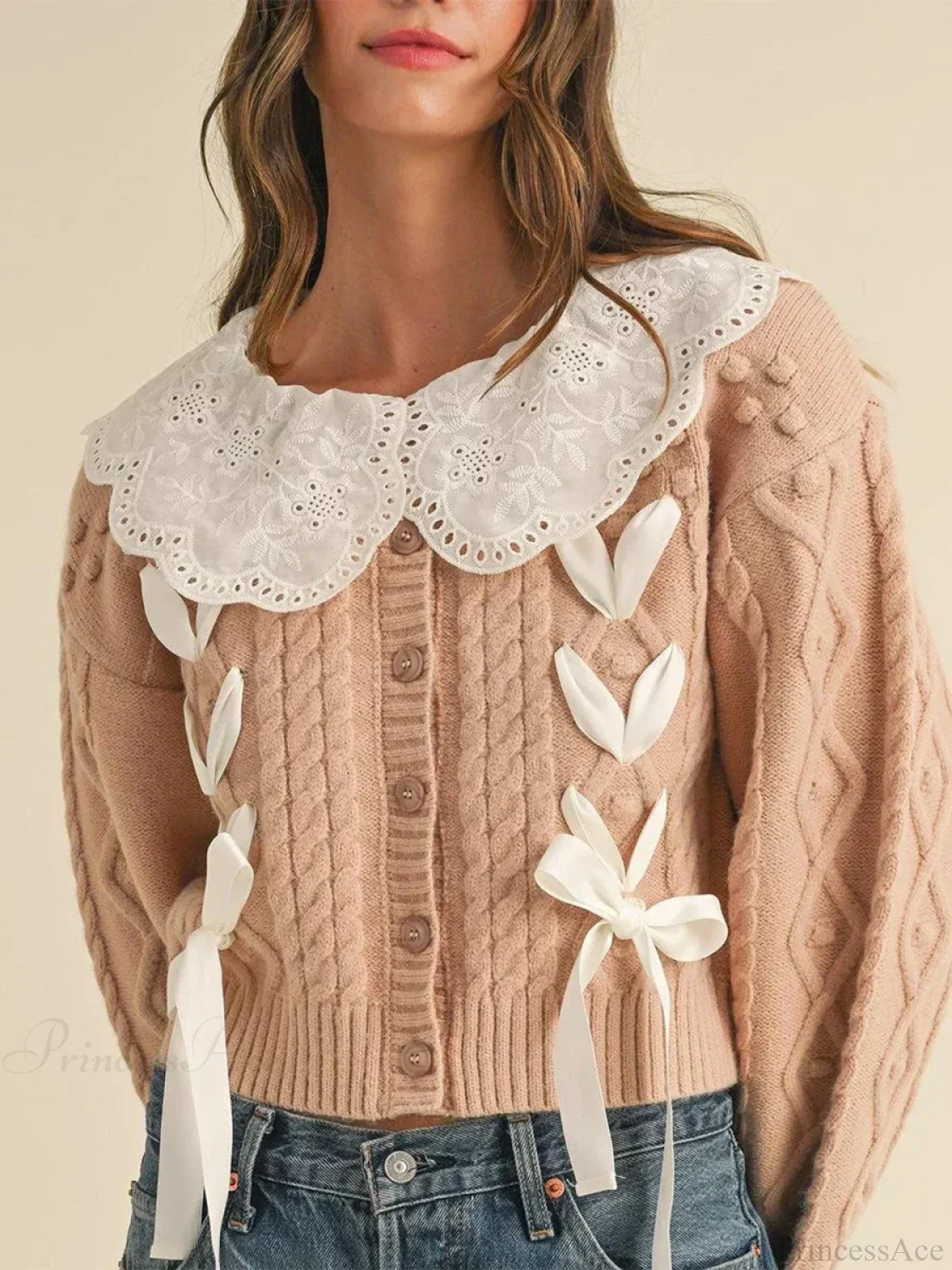 Doll Collar Tie-Up Long Sleeve Knit Cardigan - Image 6