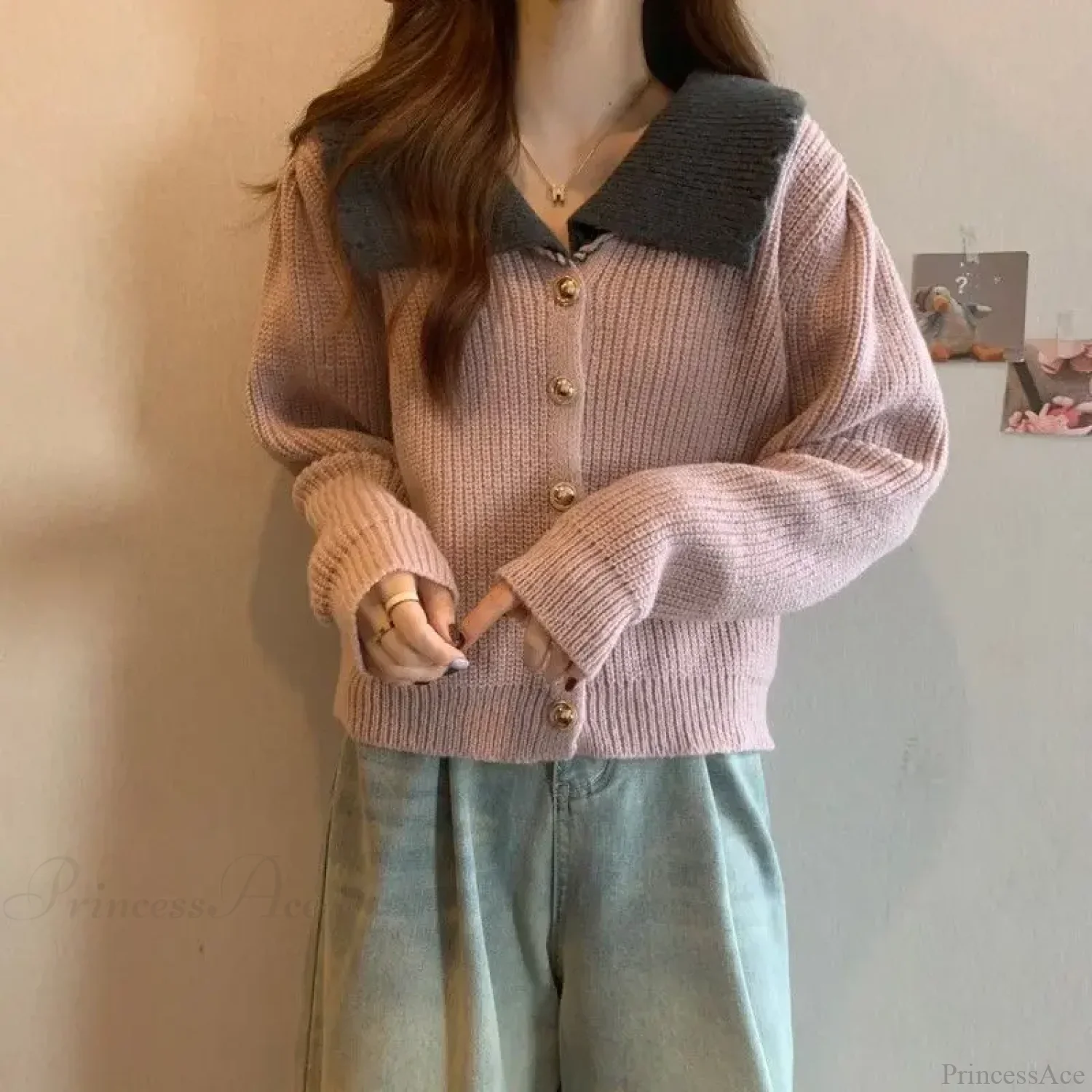 Doll Neck Single Breasted Loose Knit Cardigan - Image 4