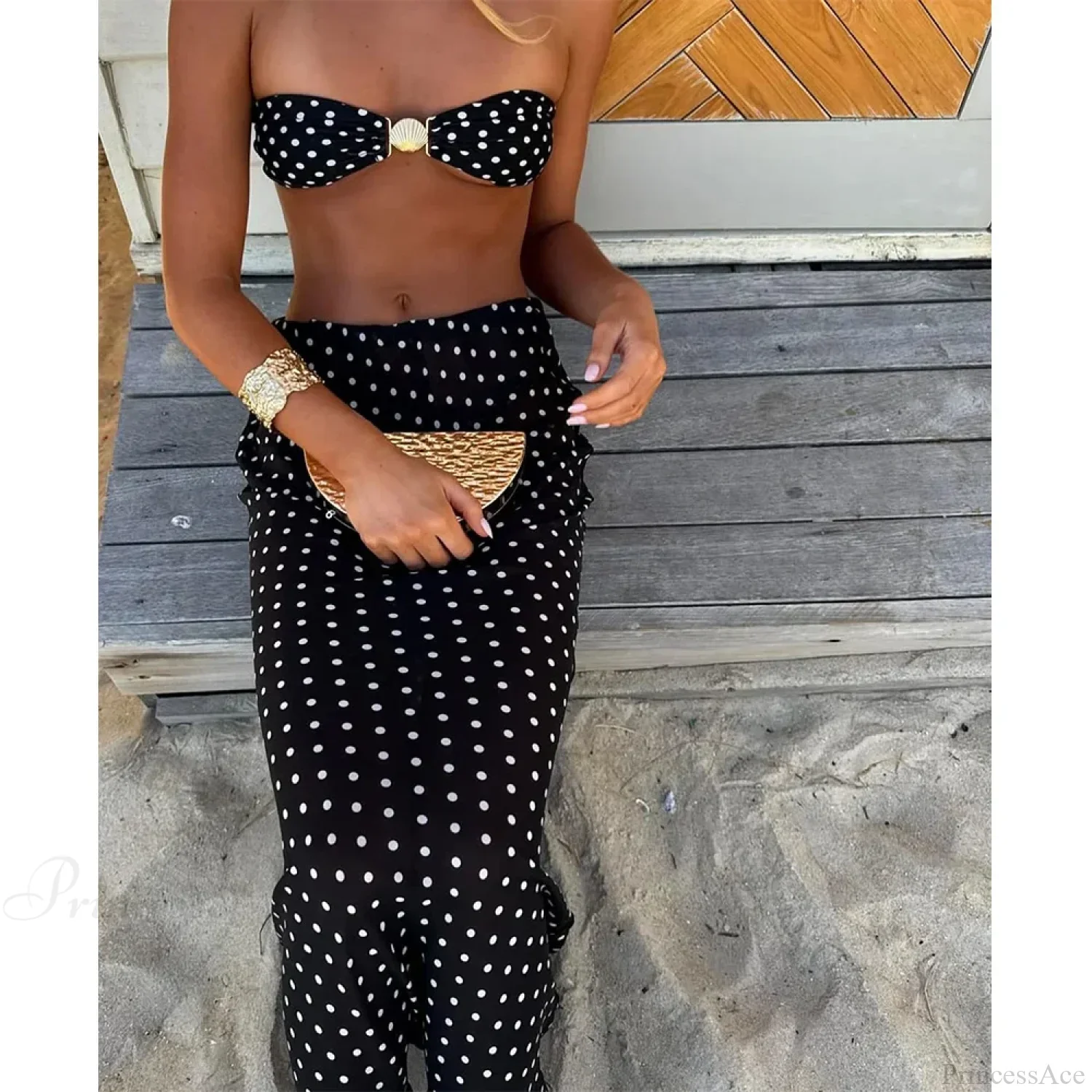 Dot Bandeau Skirt Three Piece Swimsuit - Image 2