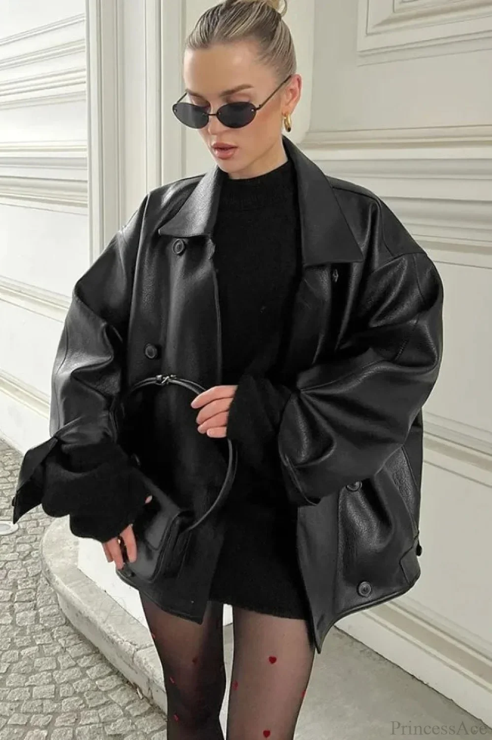 Double Breasted Black Lapel Leather Coat - Image 2