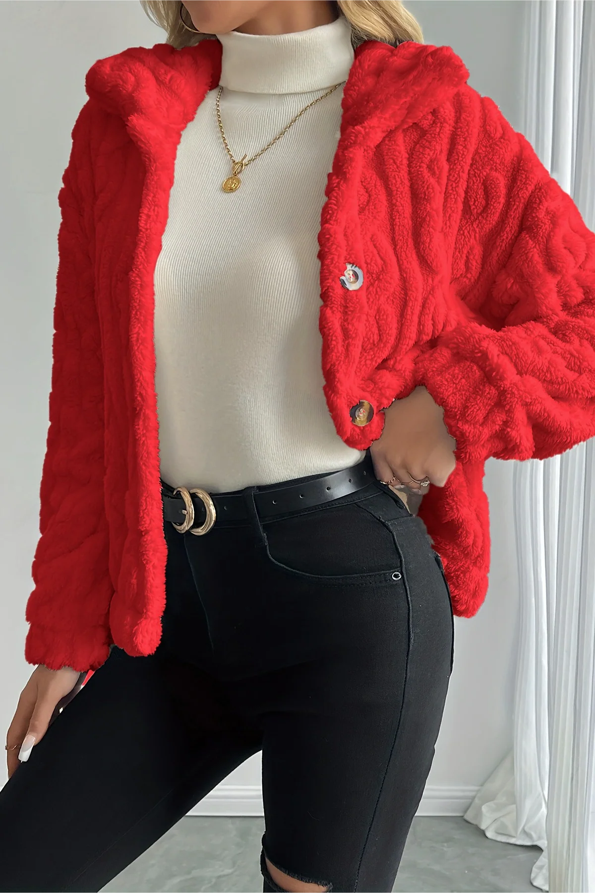 Double Fleece Cable Knit Soft Plush Warm Coat - Image 2