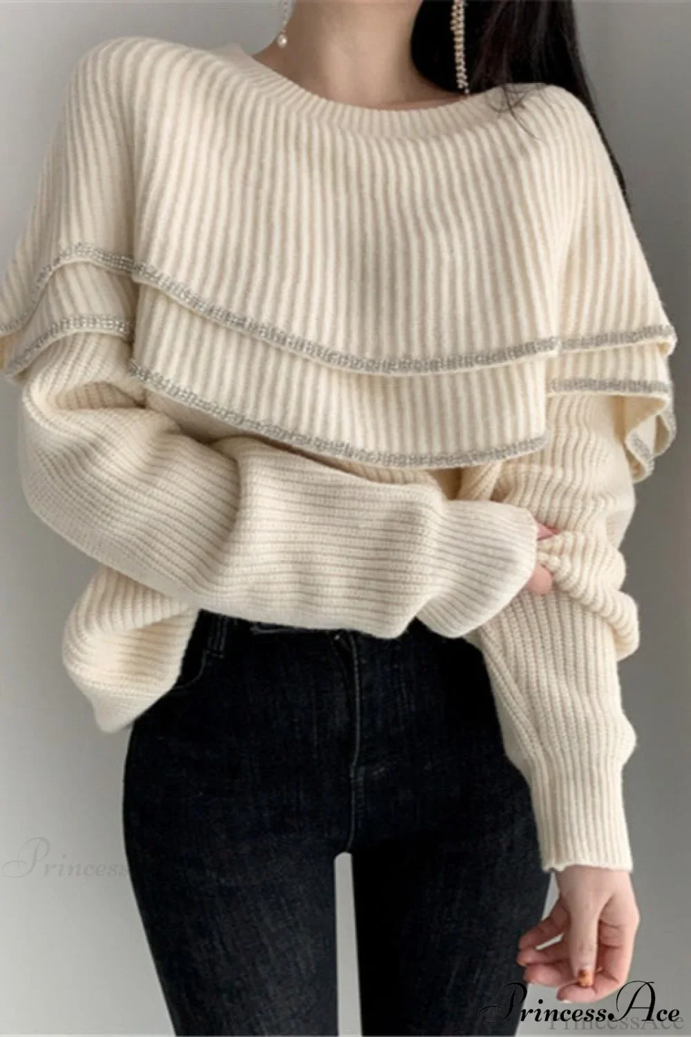 Double Ruffled Off-Shoulder French Vintage Knit Top - Image 2