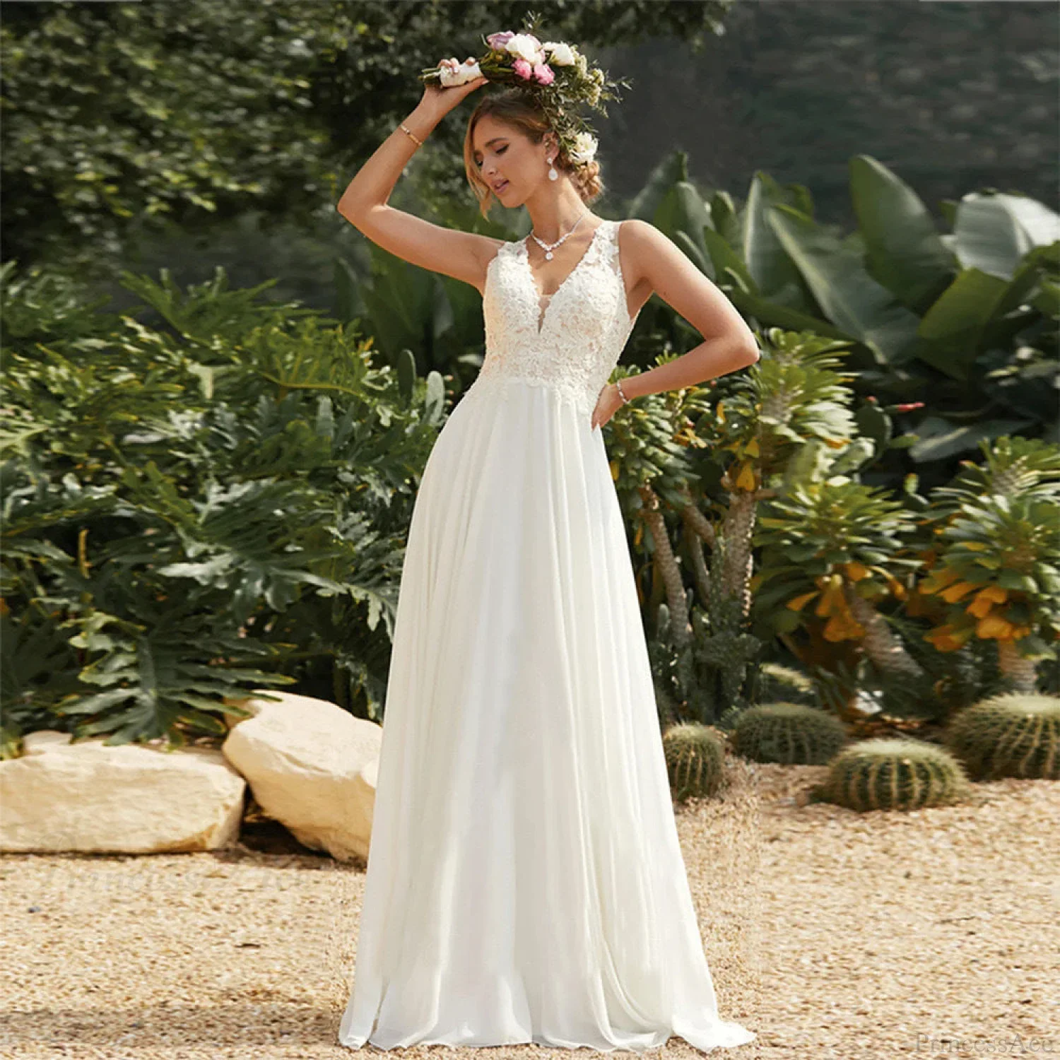 Double Strap Deep V-Neck Lace Wedding Dress - Image 3