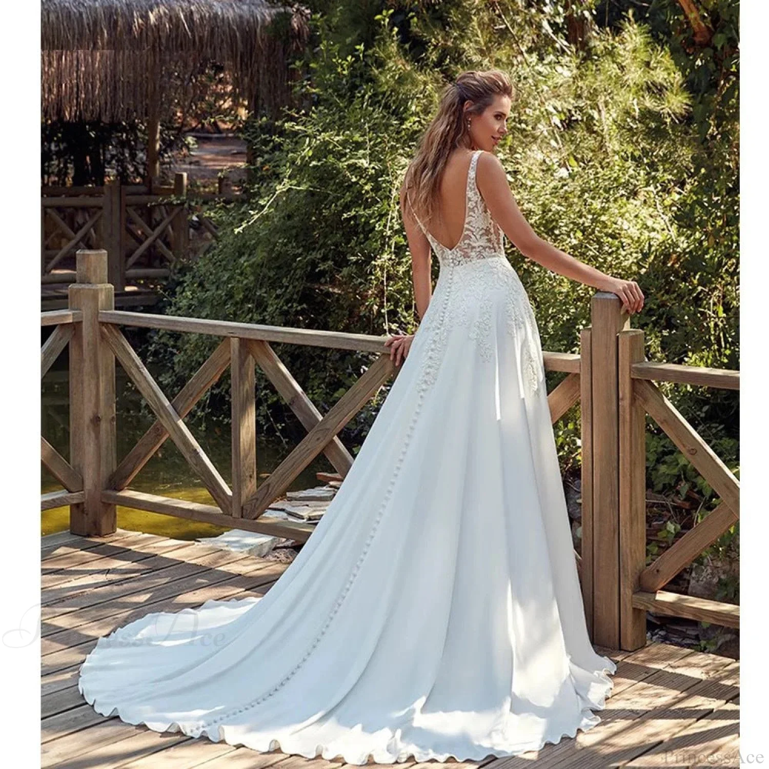 Double Strap Deep V-Neck Lace Wedding Dress - Image 4
