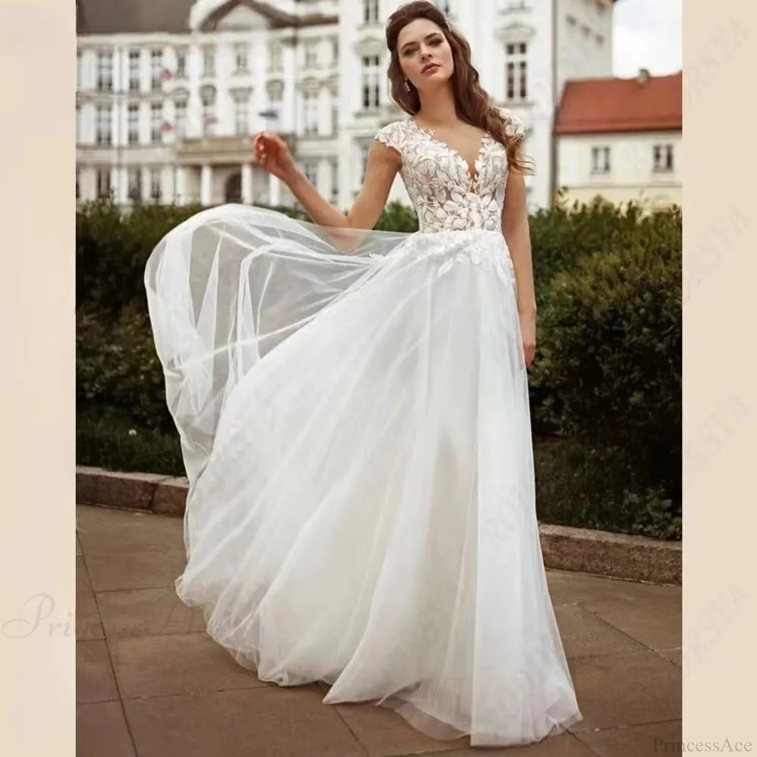 Double Strap Lace V-Neck Wedding Dress - Image 3