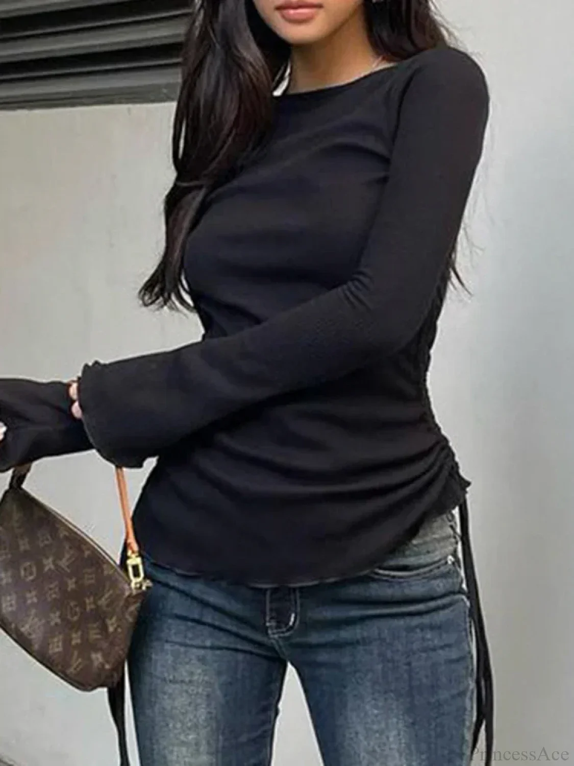 Drawstring Folds Solid Slim O-Neck Long Sleeve Knit Top - Image 2