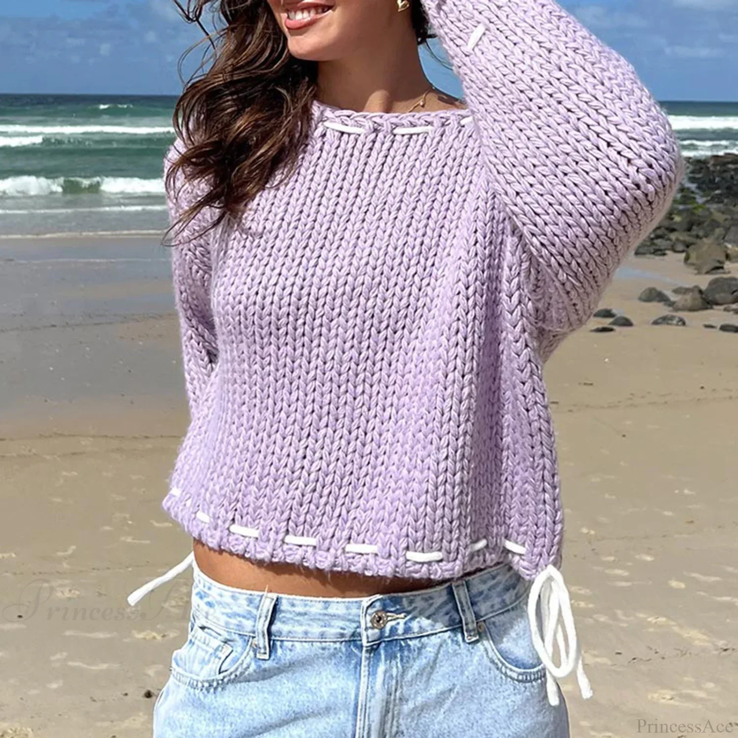 Drawstring Loose Long Sleeve Sweater - Image 5