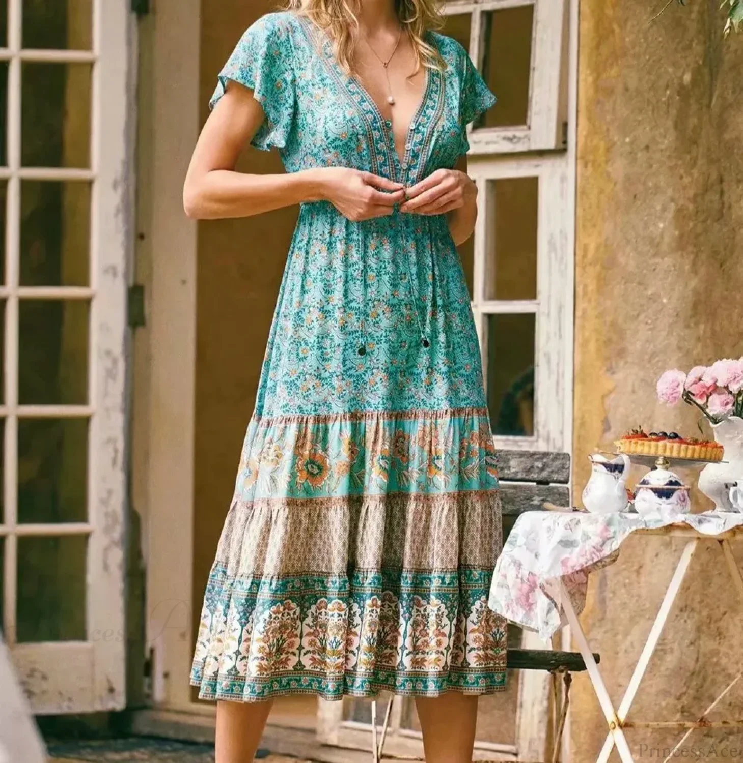 Drawstring Waist Midi Dress Vintage Floral Cotton Casual Summer Dress - Image 4