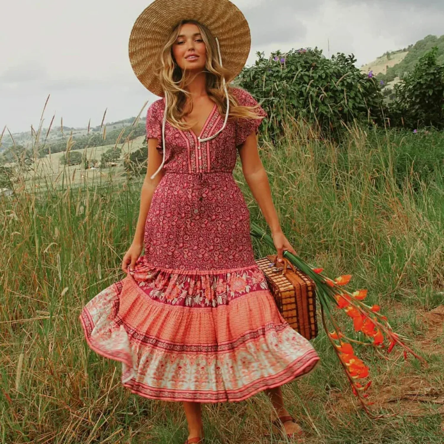 Drawstring Waist Midi Dress Vintage Floral Cotton Casual Summer Dress - Image 5