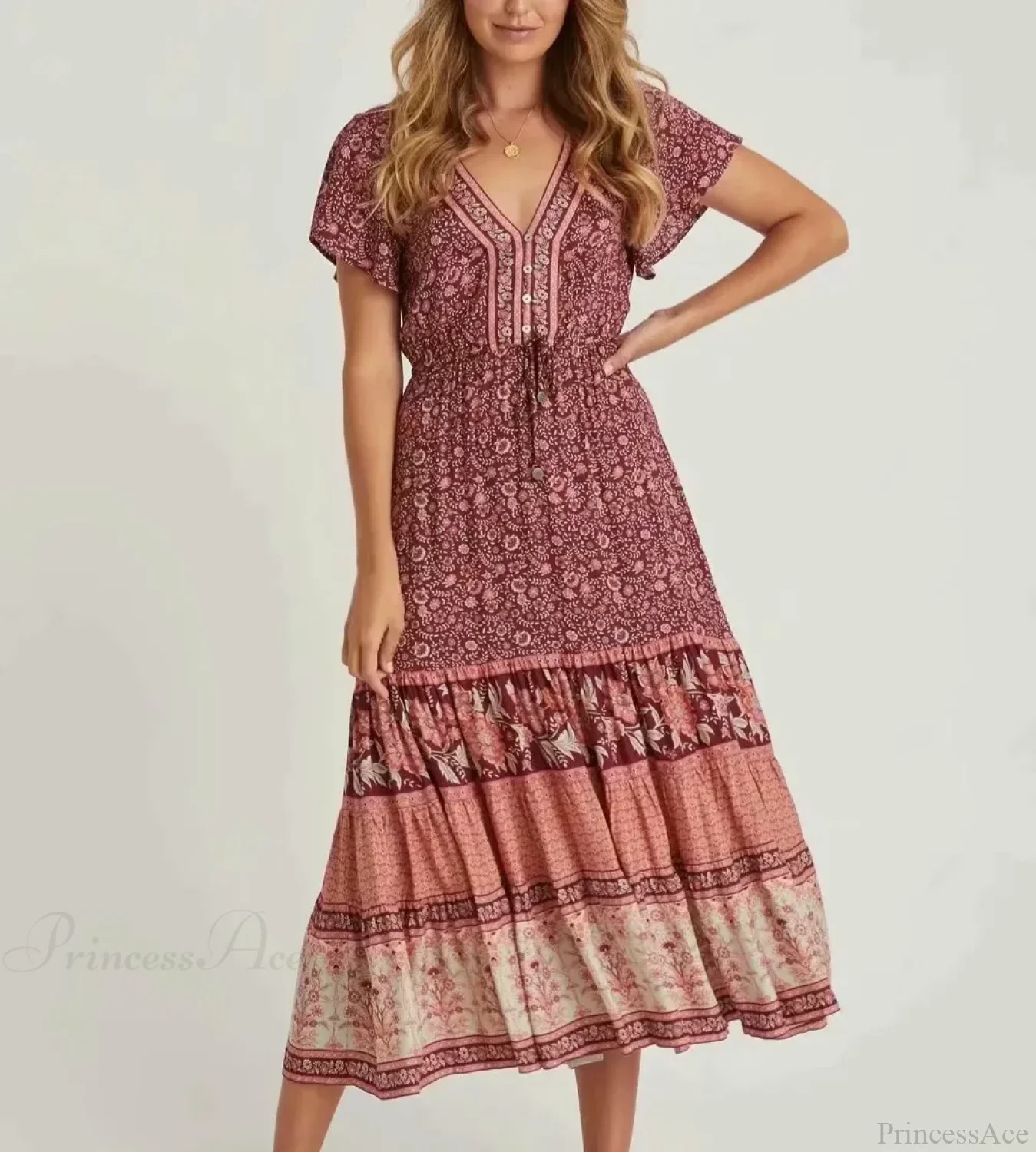 Drawstring Waist Midi Dress Vintage Floral Cotton Casual Summer Dress - Image 7