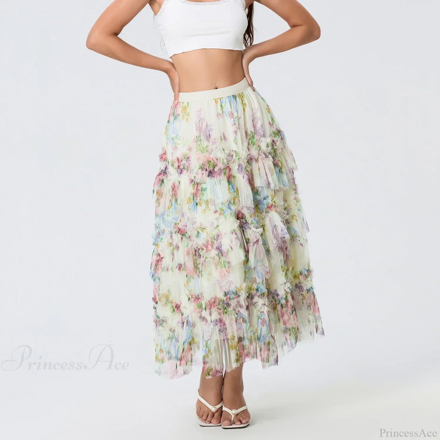 Early Fall Floral Print Ruffle Mesh Skirt Women A-line Midi - Image 2