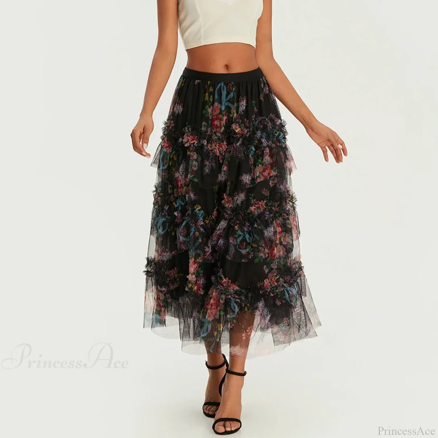 Early Fall Floral Print Ruffle Mesh Skirt Women A-line Midi - Image 3
