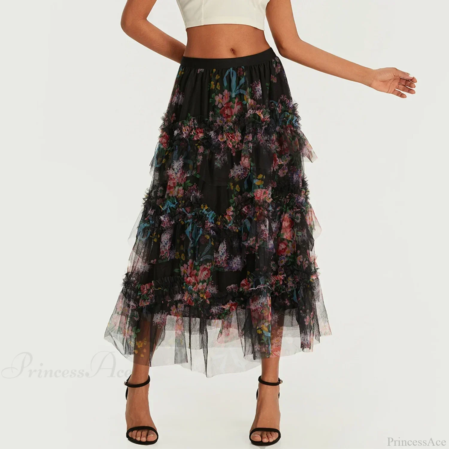 Early Fall Floral Print Ruffle Mesh Skirt Women A-line Midi - Image 5