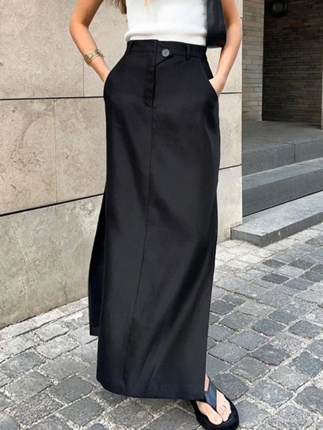 Elastic Button Cotton Split Skirt - Image 2