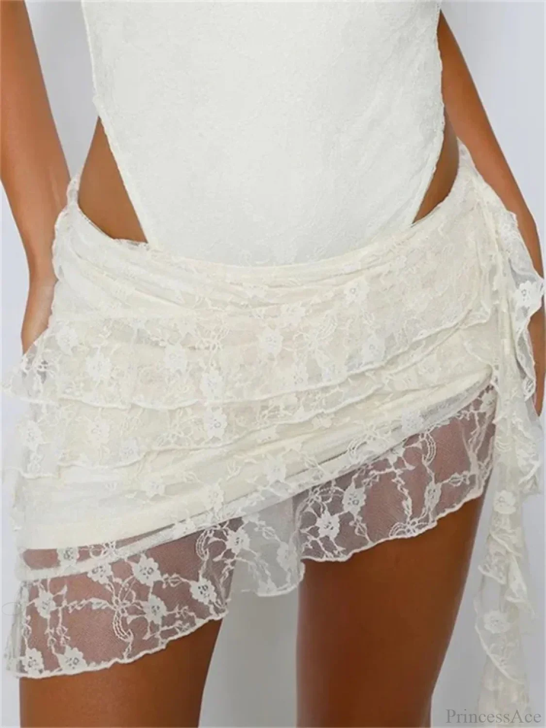 Elastic Low Waist Lace Floral Mini Skirt Irregular Hem Skirt - Image 5