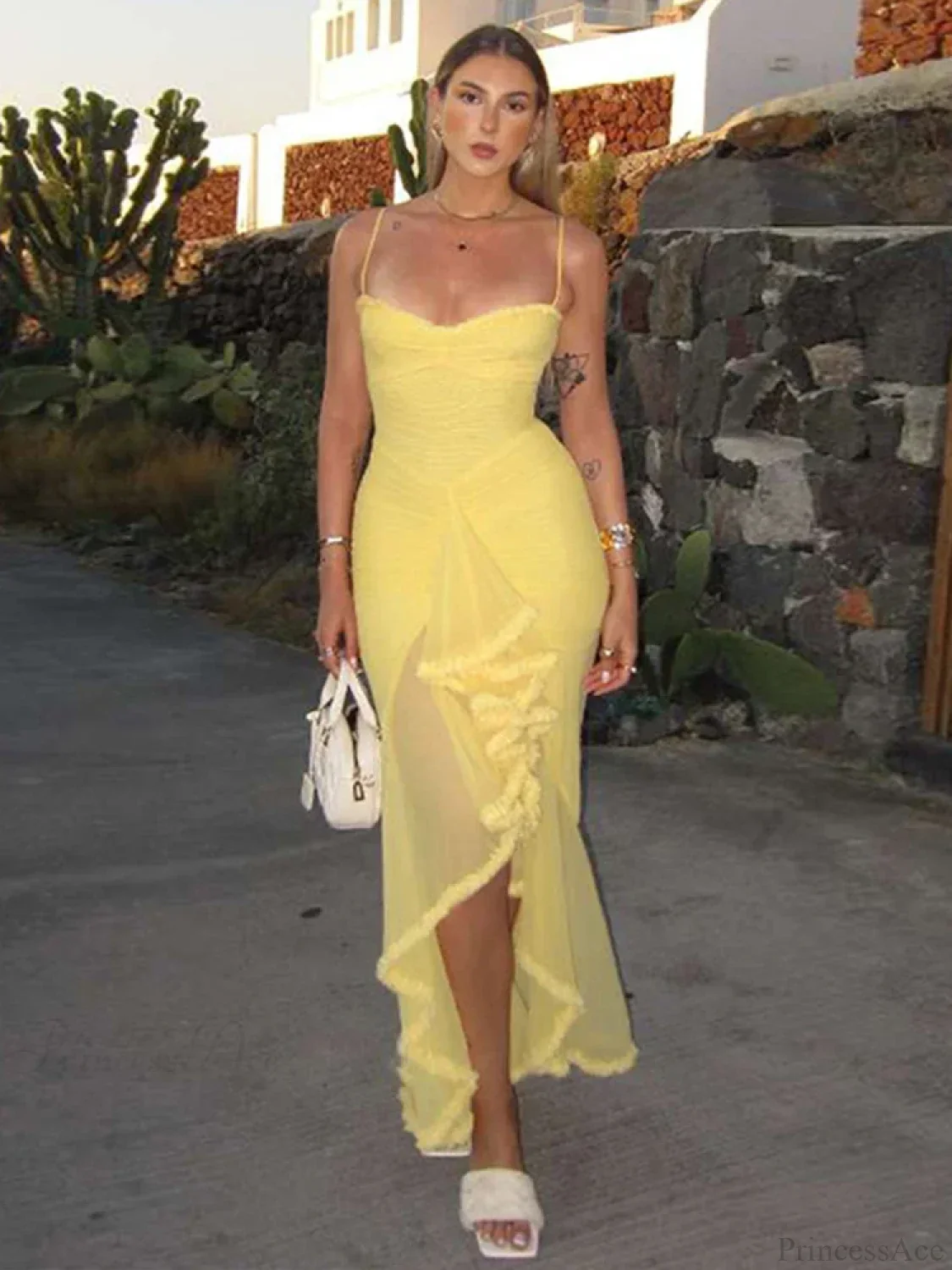Elastic Mesh Ruffles Vacation Dress - Image 3