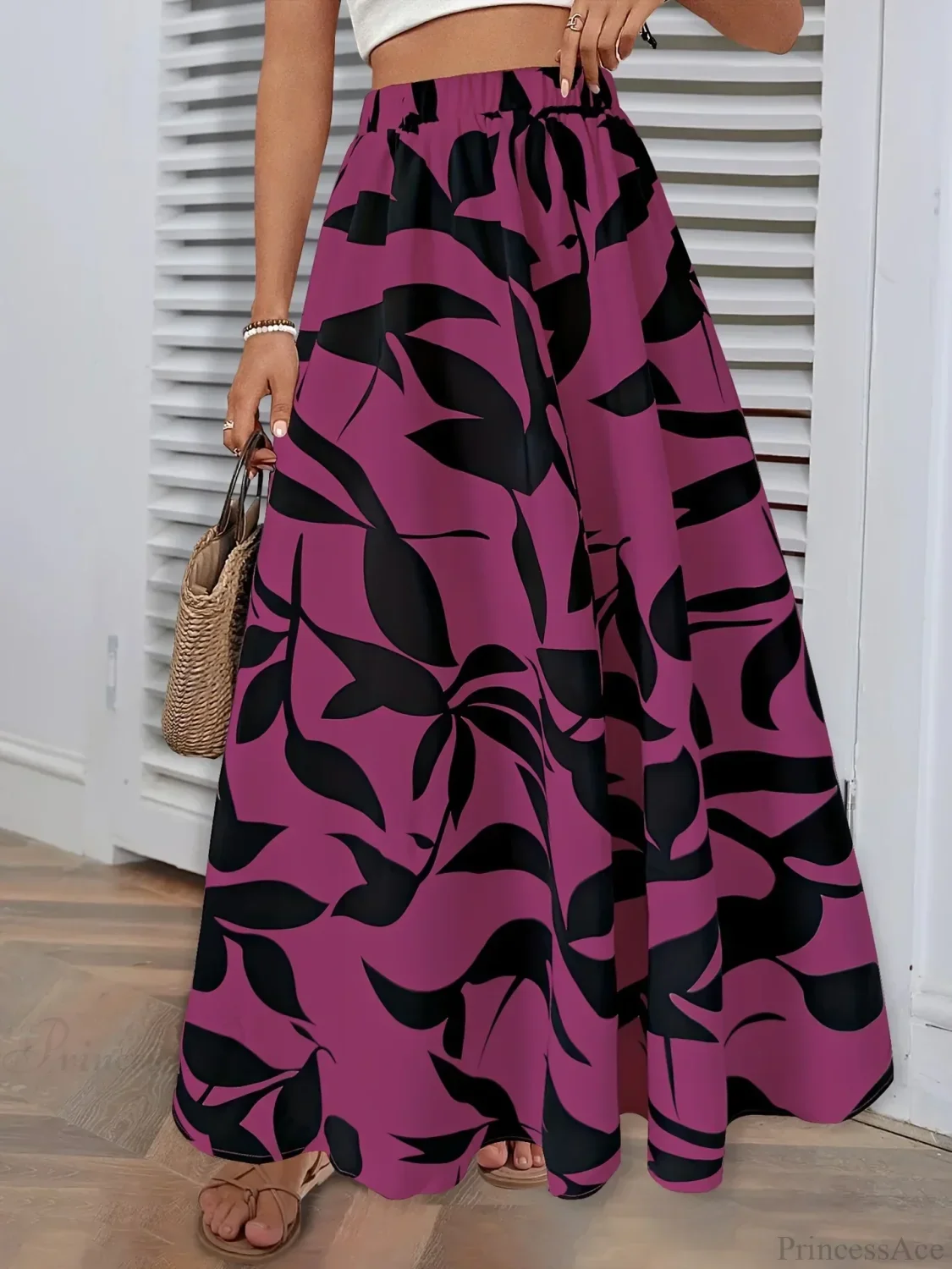 Elastic Waist Flowers Printed Women's A-line Skirt Summer Elegant - Image 7