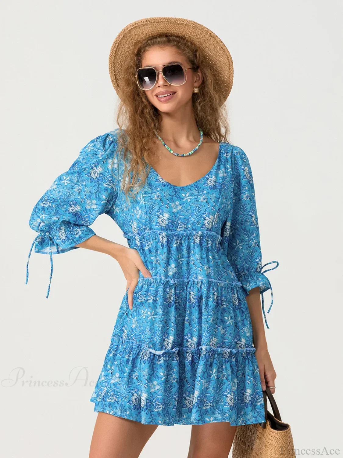 Elbow Puff Sleeve V-Neck Tiered Floral Dress - Image 2