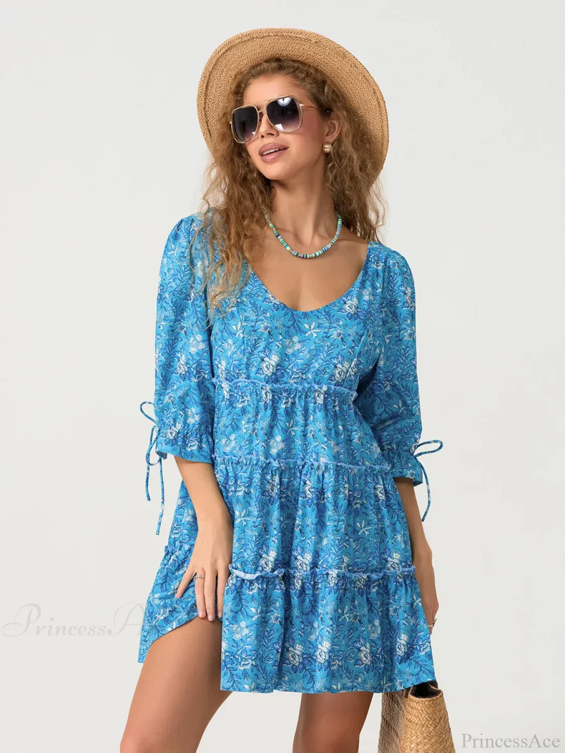 Elbow Puff Sleeve V-Neck Tiered Floral Dress - Image 3