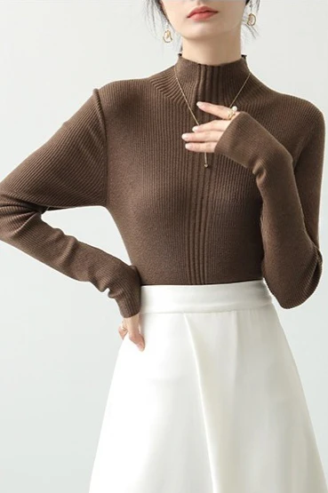 Elegant Apricot Mock Neck Long-Sleeve Pullover Knit Top - Image 3