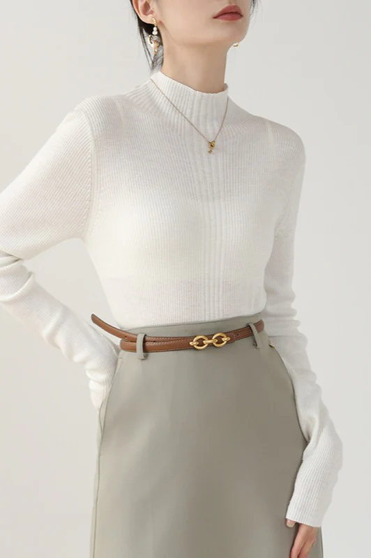 Elegant Apricot Mock Neck Long-Sleeve Pullover Knit Top - Image 6