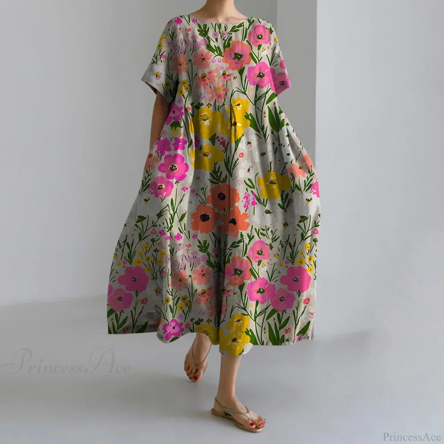 Elegant Autumn Retro Floral Print Round Neck Evening Dress