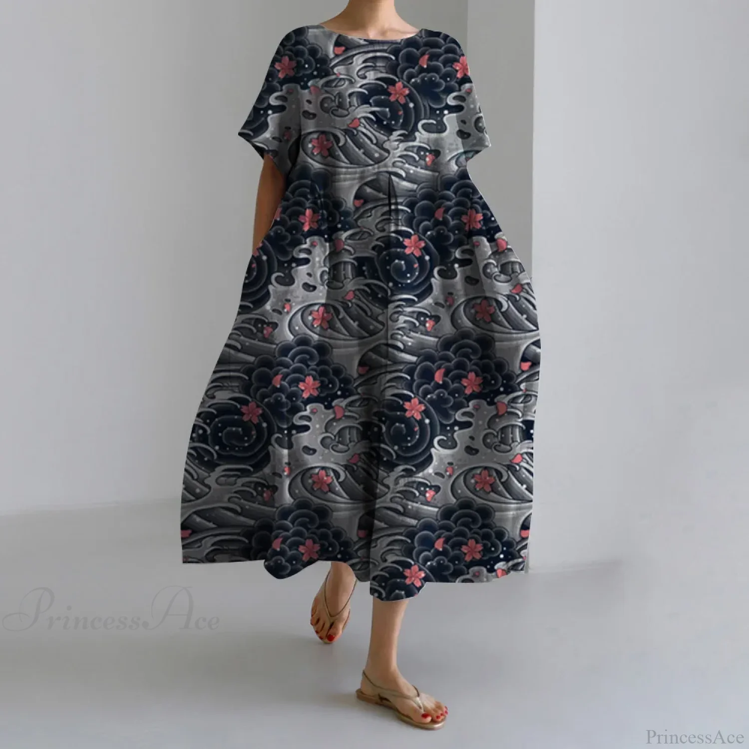 Elegant Autumn Retro Floral Print Round Neck Evening Dress - Image 5