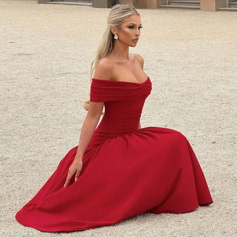 Elegant Backless Patchwork Long Red Sleeveless Bandeau Solid Pleated Wide Skirt Party Dress - Image 4
