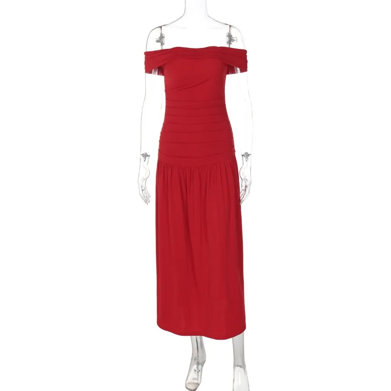 Elegant Backless Patchwork Long Red Sleeveless Bandeau Solid Pleated Wide Skirt Party Dress - Image 6
