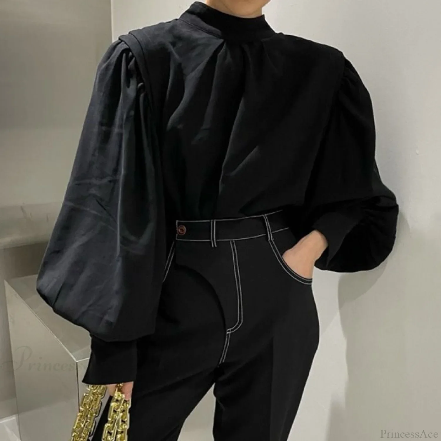 Black Lantern Sleeve Button-Up Blouse - Image 3