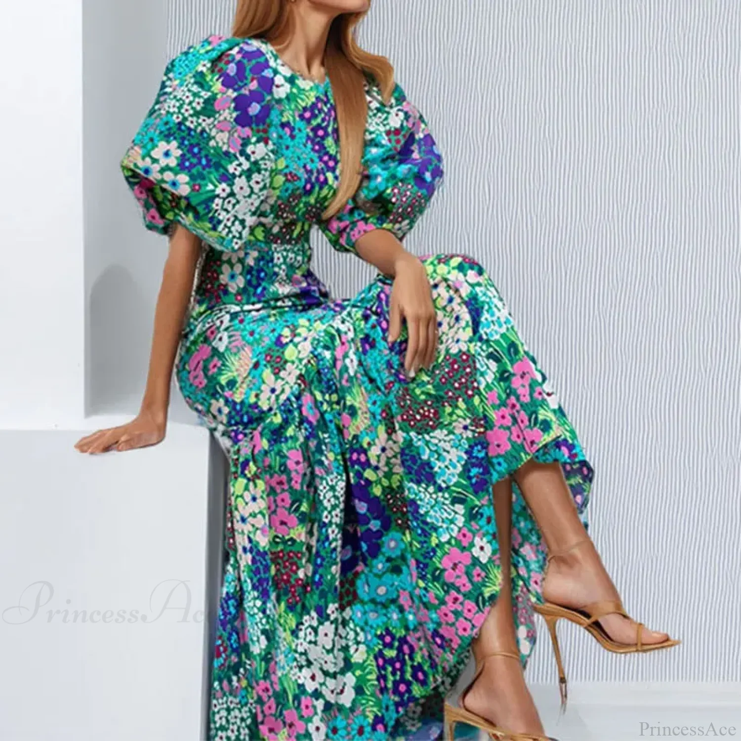 Elegant Blue Floral Lantern Sleeve Dress - Image 4