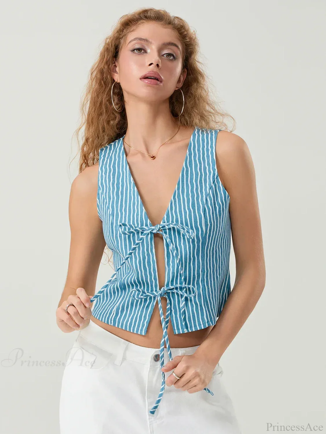 Elegant Bow Tied Front Striped Sleeveless V-neck Crop Tank
